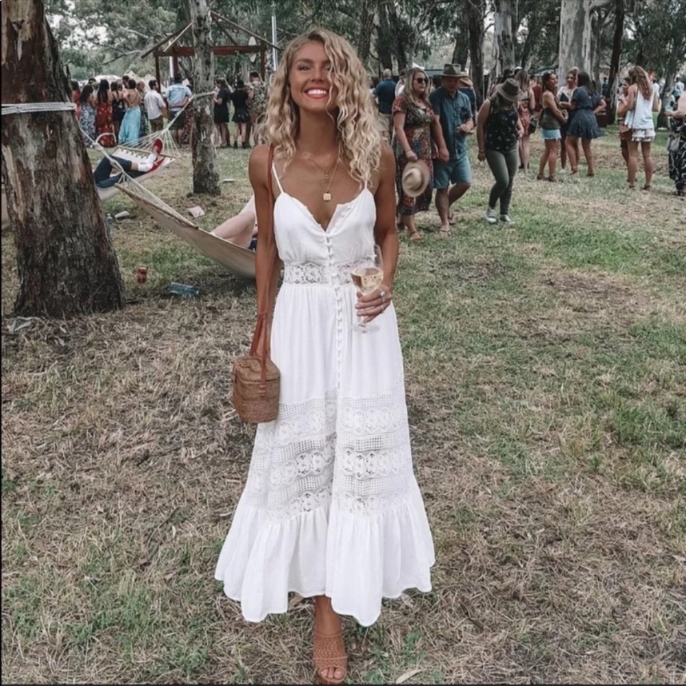 White Boho Lace Maxi Dress - Picture 2 of 11